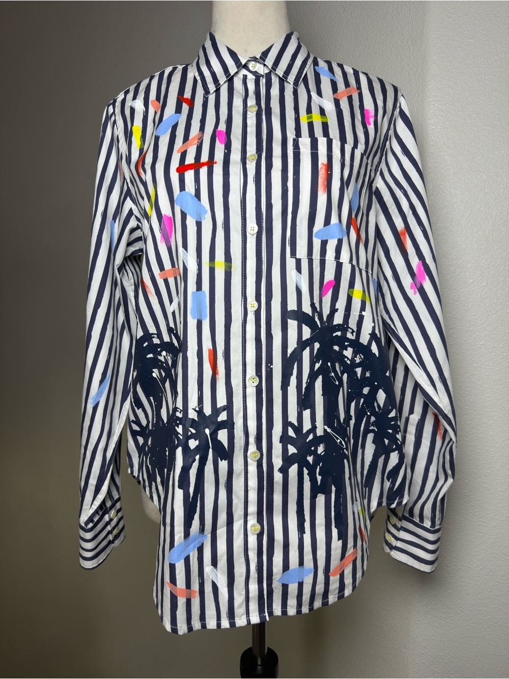 Kerri Rosenthal Striped Button-Down Shirt with Multicolor Paint Accents
